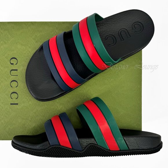 NEW GUCCI Men's WEB Rubber Slides Sandals Red Green Blue G 10 US 10.5 Authentic - Picture 1 of 12